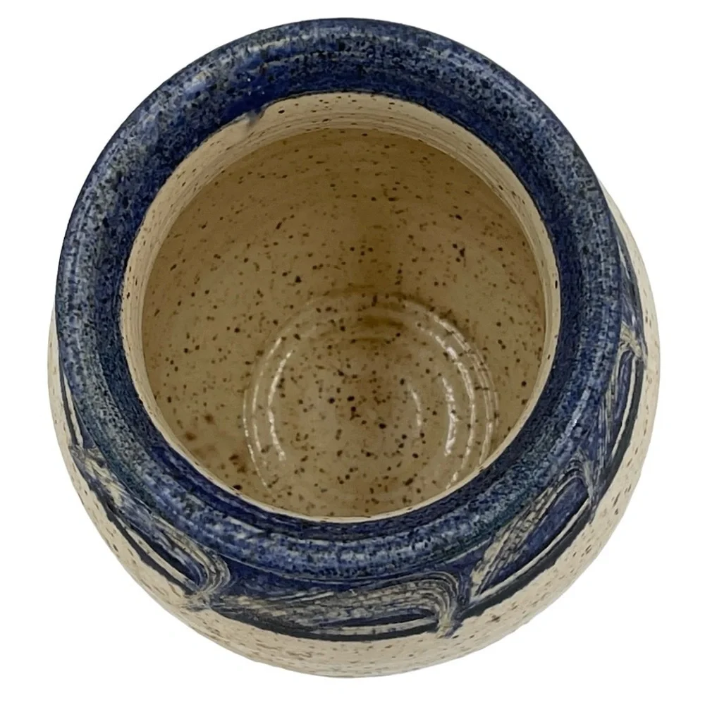 Vintage Handmade Speckled‎ Salt Glazed Beige & Cobalt Blue Signed Vase Pottery